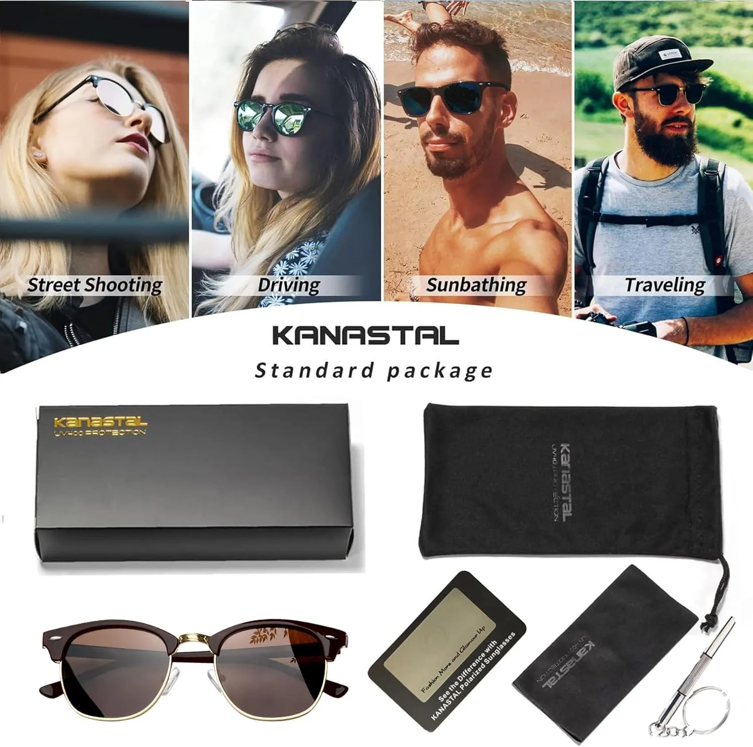 KANASTAL Semi Rimless Polarised Sunglasses Men Women Classic Horn Rimmed Frame UV400 Half Frame Shades