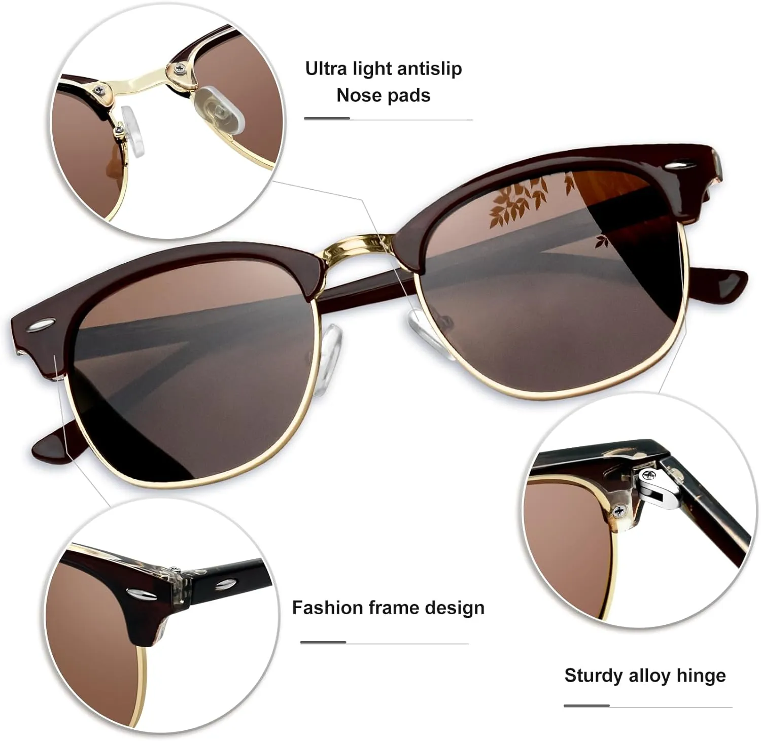 KANASTAL Semi Rimless Polarised Sunglasses Men Women Classic Horn Rimmed Frame UV400 Half Frame Shades