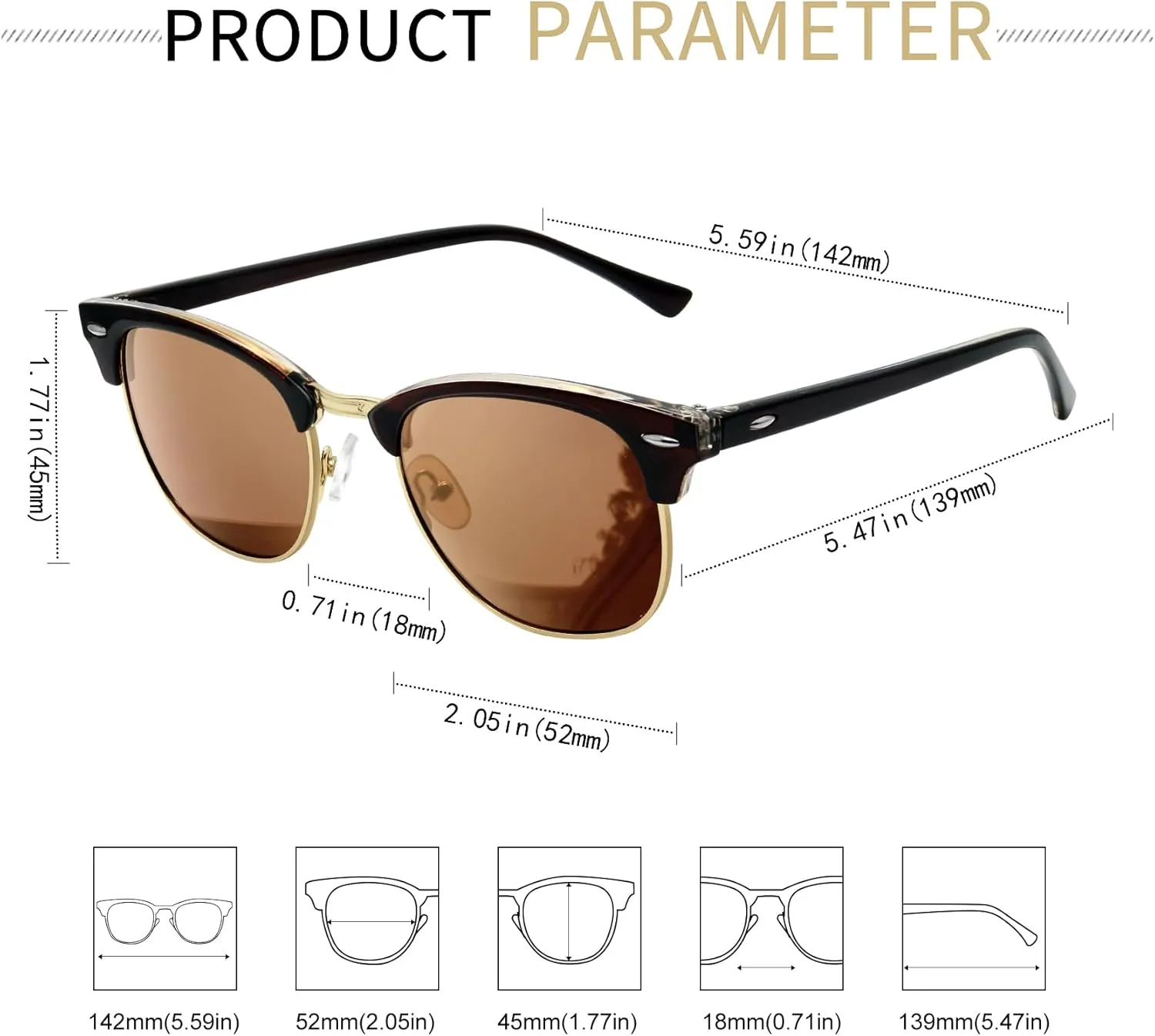 KANASTAL Semi Rimless Polarised Sunglasses Men Women Classic Horn Rimmed Frame UV400 Half Frame Shades