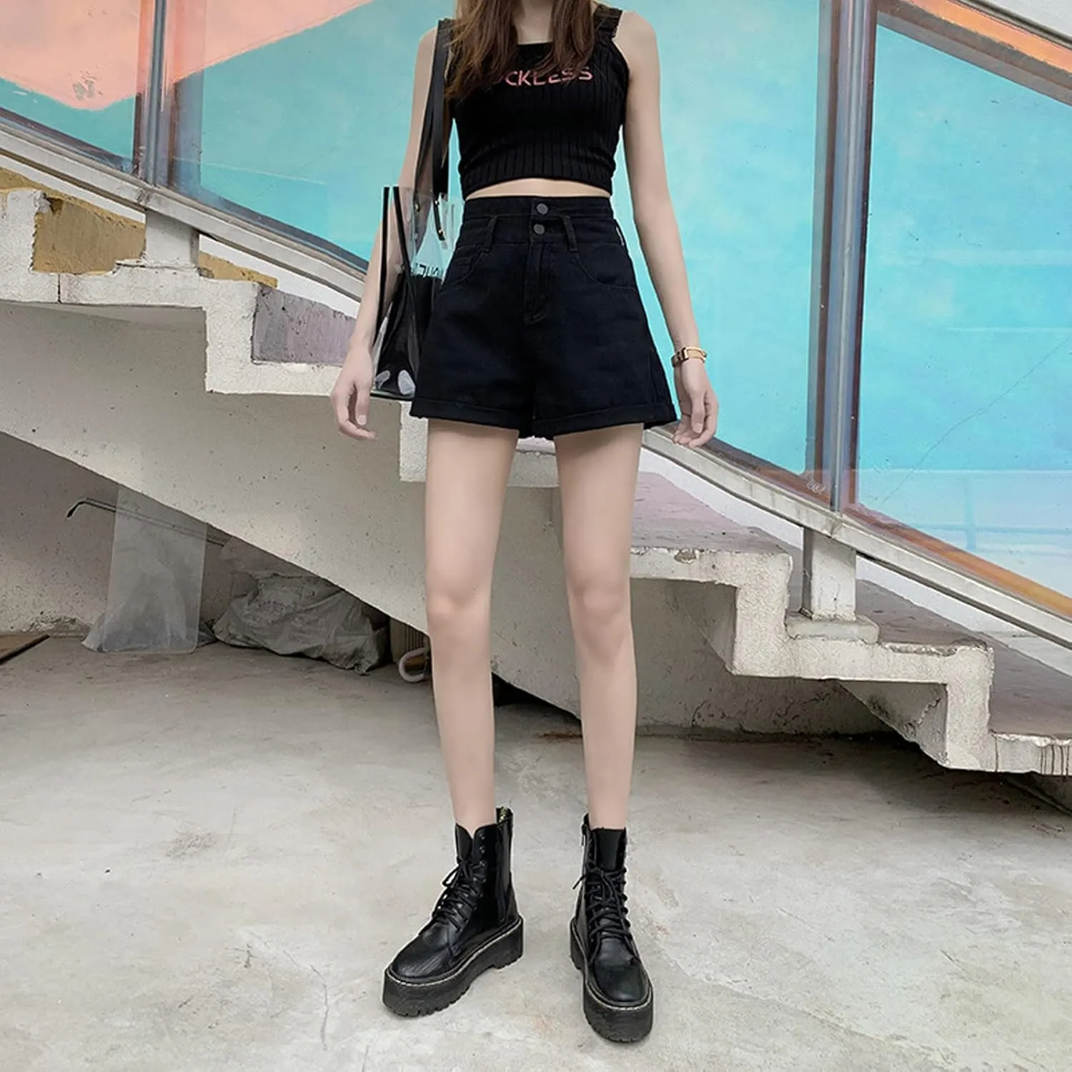 Korean Version Denim Shorts Women's Summer high Waisted Slim Fitting Folding Shorts Women's Casual Shorts