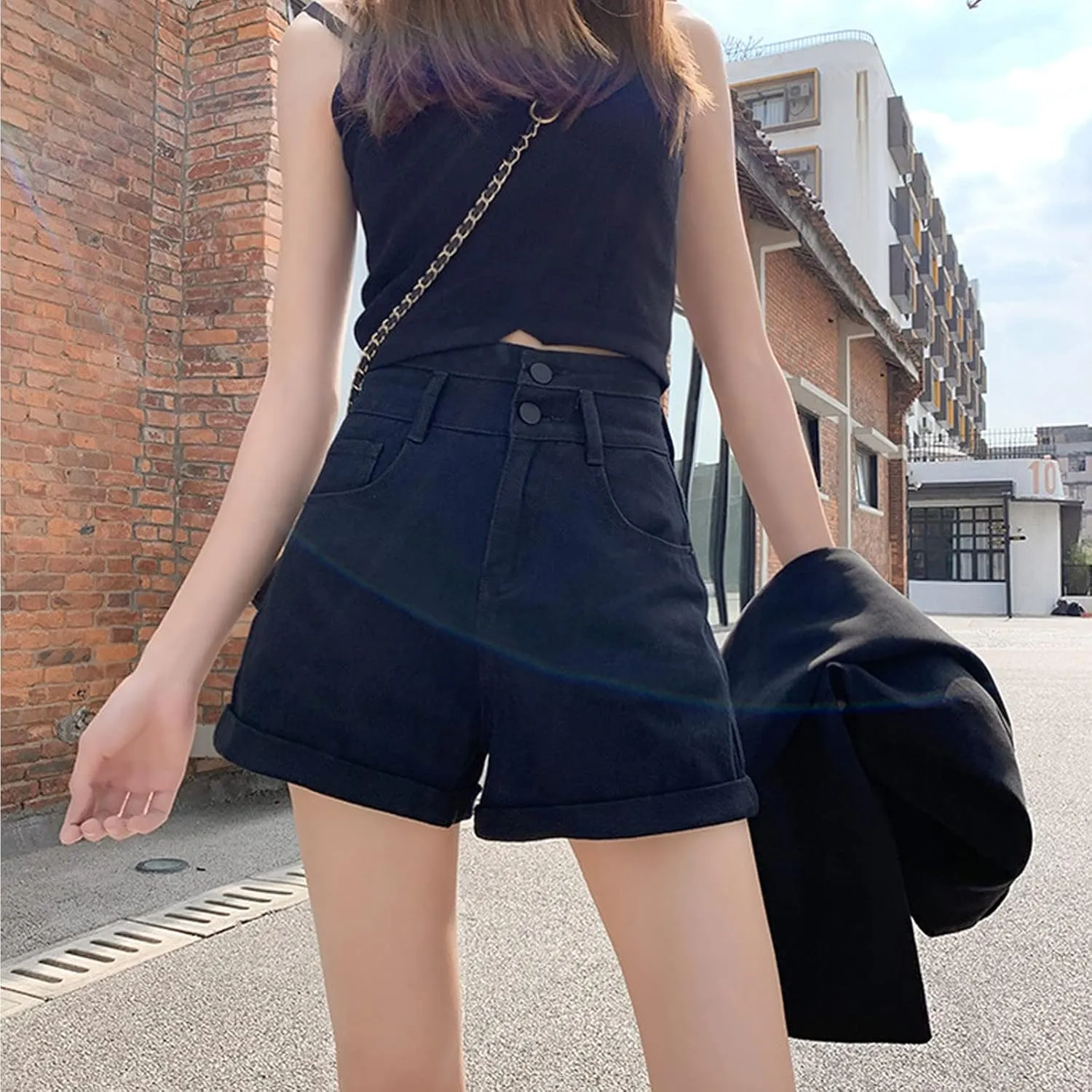 Korean Version Denim Shorts Women's Summer high Waisted Slim Fitting Folding Shorts Women's Casual Shorts