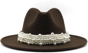 Lady British Fashion Elegant Wide Brim Felt Fedora Panama Hat with Pearl Ring Women Men Classic Woolen Felt Fedora Hats