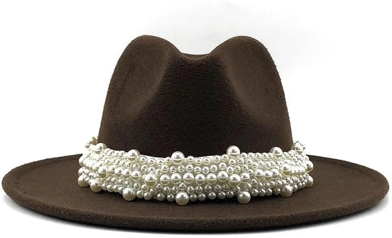 Lady British Fashion Elegant Wide Brim Felt Fedora Panama Hat with Pearl Ring Women Men Classic Woolen Felt Fedora Hats