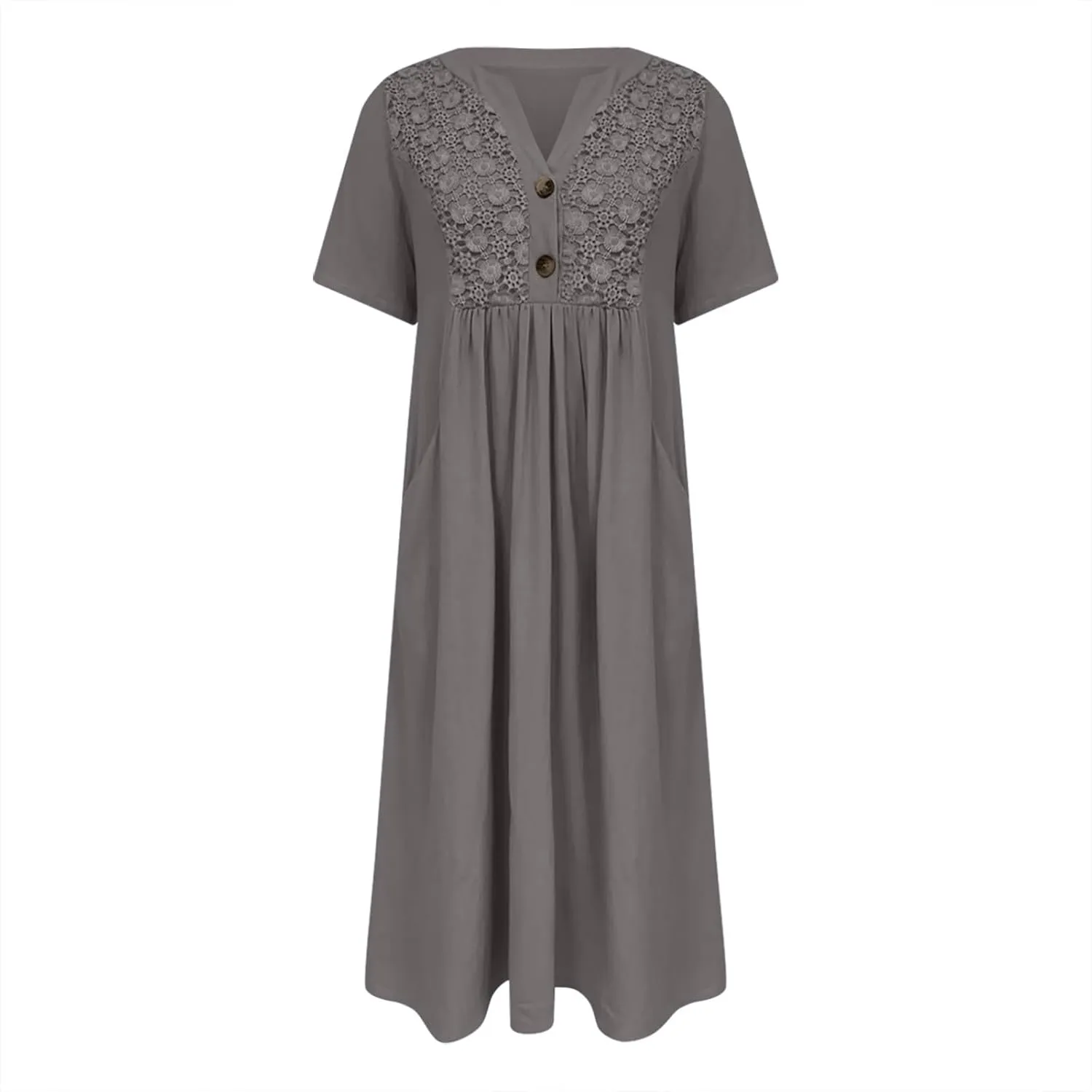 LEMONONSTORE Crochet Lace Dress for Women Button V Neck Short Sleeve Summer Dresses Casual Loose Fit Lounge Vacation Clothes