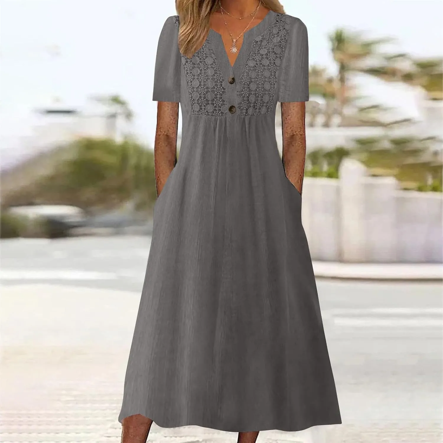 LEMONONSTORE Crochet Lace Dress for Women Button V Neck Short Sleeve Summer Dresses Casual Loose Fit Lounge Vacation Clothes