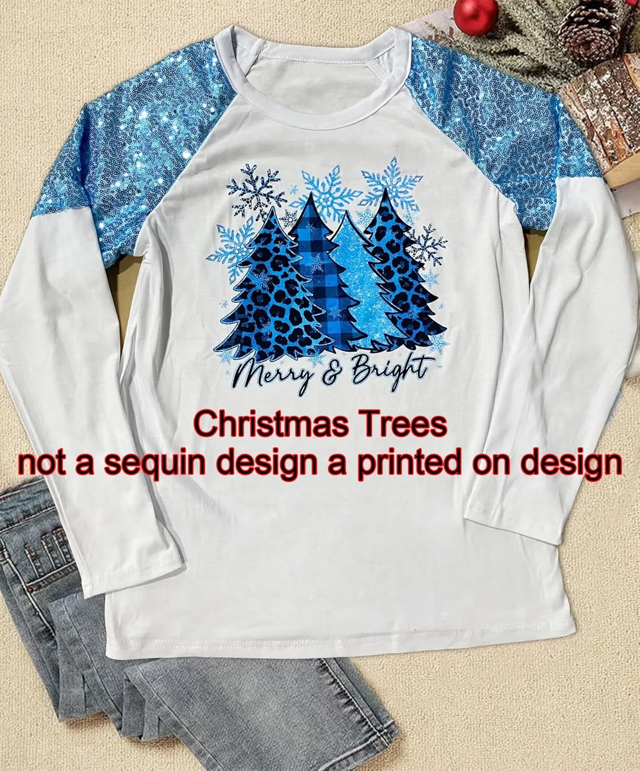 Leopard Christmas Trees Snowflake Sequined Splicing Blouse T Shirts for Women Xmas Vacation Casual Long Sleeve Tees Tops