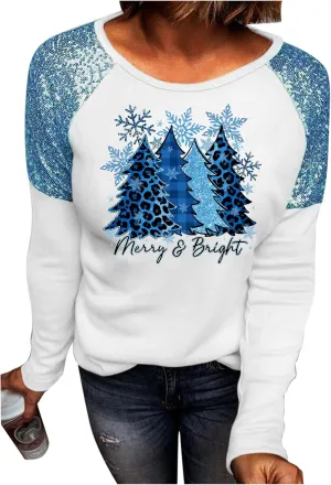 Leopard Christmas Trees Snowflake Sequined Splicing Blouse T Shirts for Women Xmas Vacation Casual Long Sleeve Tees Tops