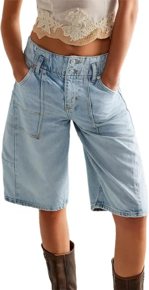 LifeShe Women's Denim Shorts Casual Baggy Bermuda Shorts Low Waist Barrel Leg Jean Shorts