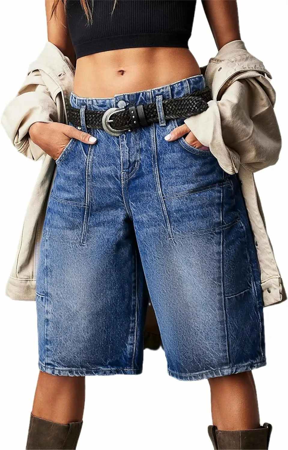LifeShe Women's Denim Shorts Casual Baggy Bermuda Shorts Low Waist Barrel Leg Jean Shorts