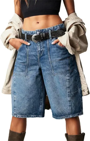 LifeShe Women's Denim Shorts Casual Baggy Bermuda Shorts Low Waist Barrel Leg Jean Shorts