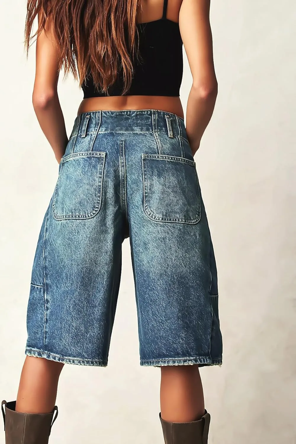 LifeShe Women's Denim Shorts Casual Baggy Bermuda Shorts Low Waist Barrel Leg Jean Shorts