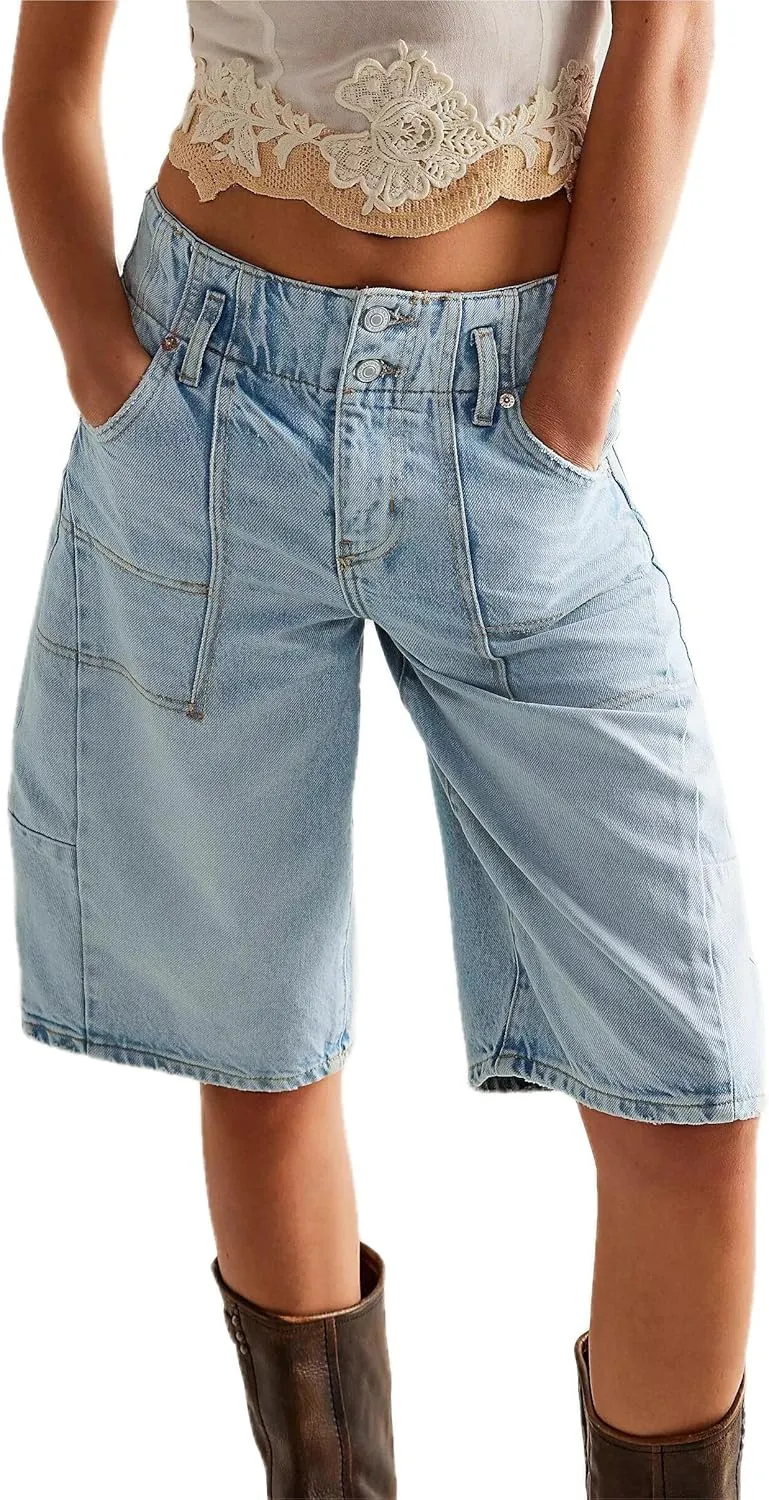 LifeShe Women's Denim Shorts Casual Baggy Bermuda Shorts Low Waist Barrel Leg Jean Shorts