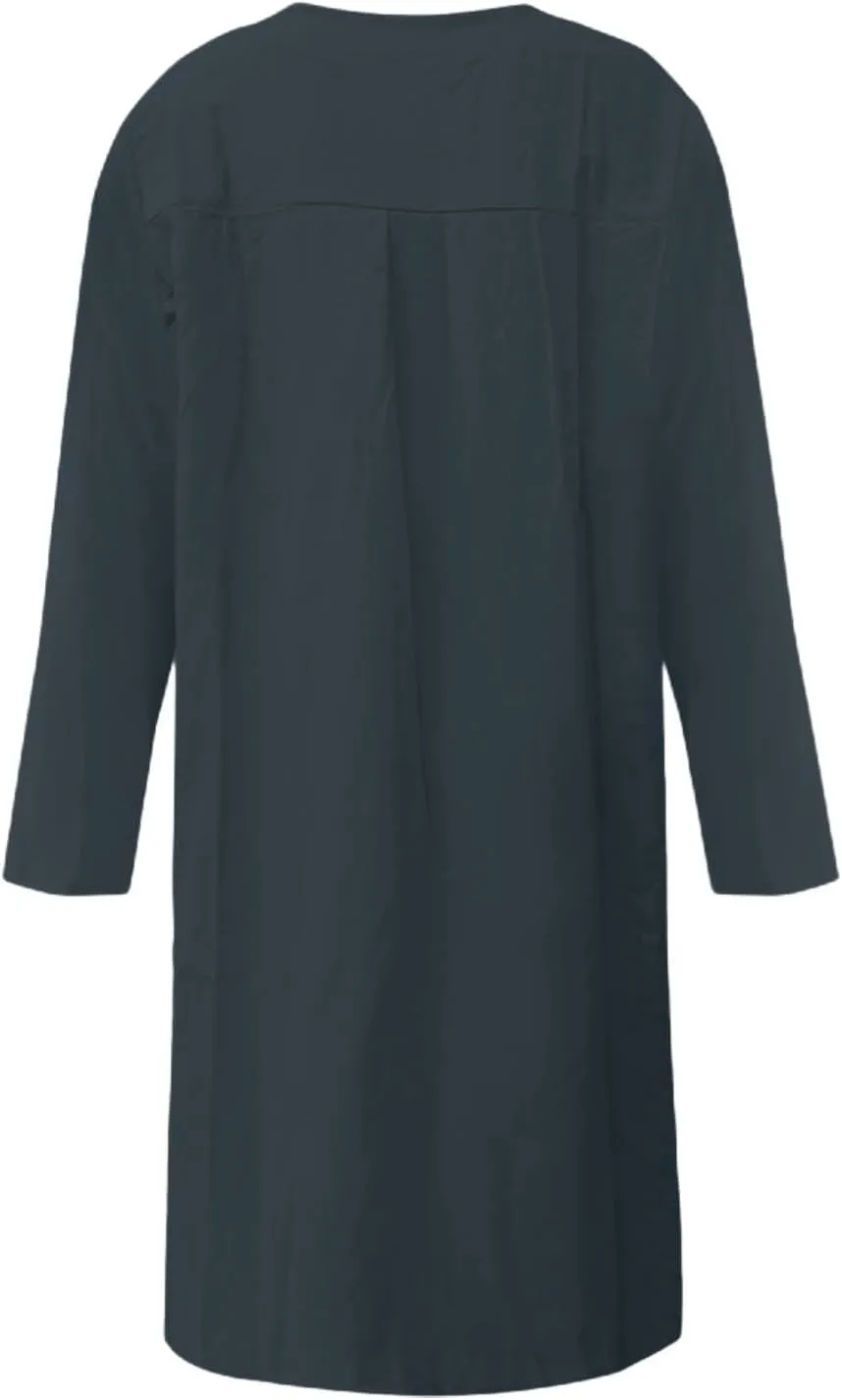 Linen Cotton Dresses for Women 2025 Button Shirt Dress Long Sleeve Round Neck Dressy Casual Mini Dresses with Pockets