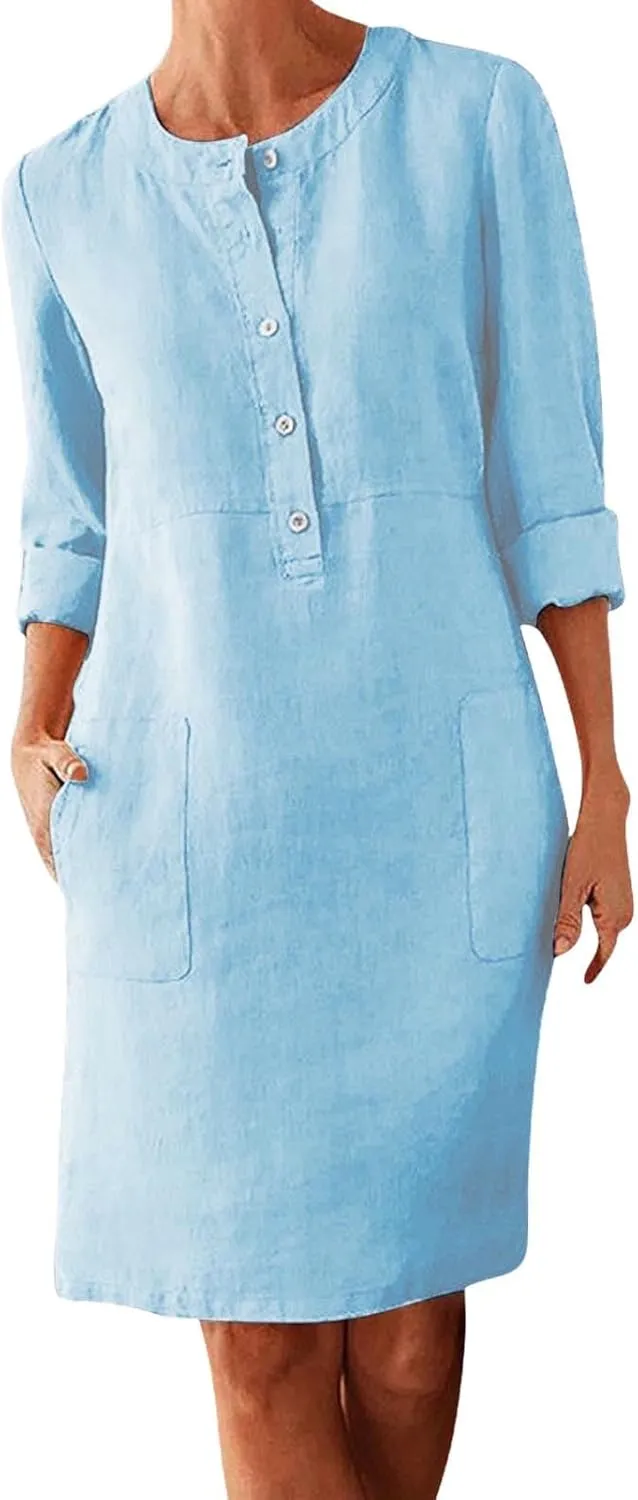 Linen Cotton Dresses for Women 2025 Button Shirt Dress Long Sleeve Round Neck Dressy Casual Mini Dresses with Pockets