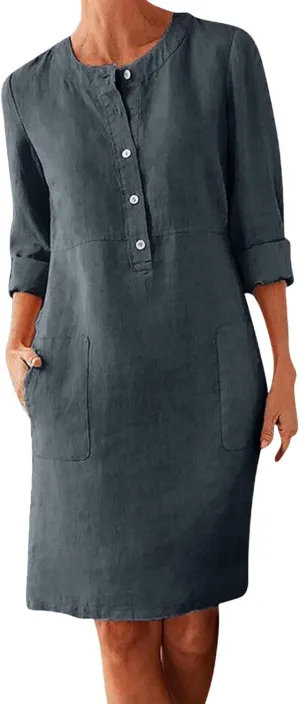 Linen Cotton Dresses for Women 2025 Button Shirt Dress Long Sleeve Round Neck Dressy Casual Mini Dresses with Pockets