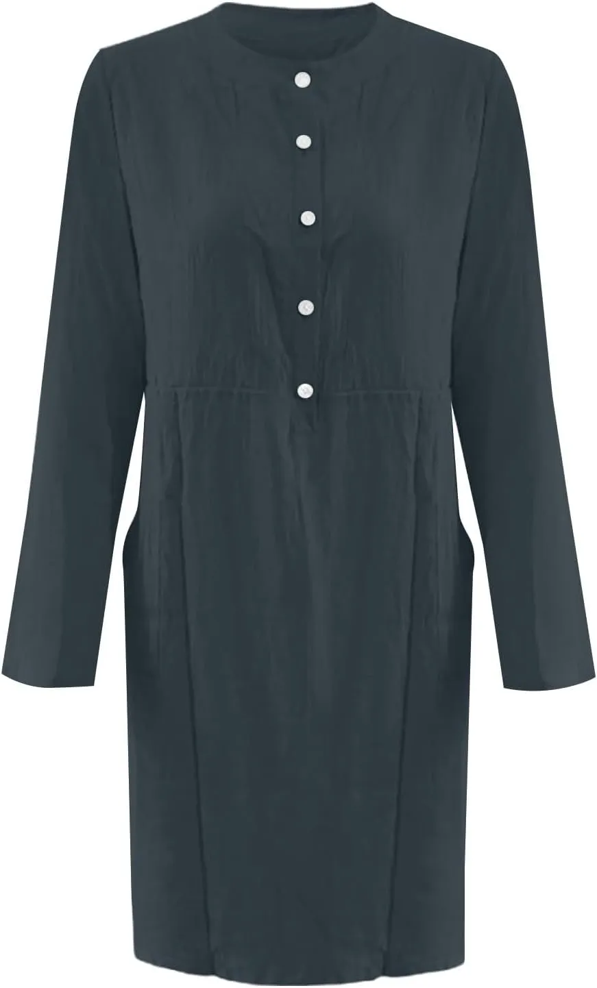 Linen Cotton Dresses for Women 2025 Button Shirt Dress Long Sleeve Round Neck Dressy Casual Mini Dresses with Pockets