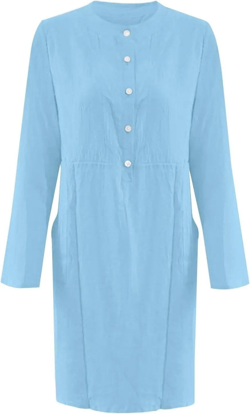 Linen Cotton Dresses for Women 2025 Button Shirt Dress Long Sleeve Round Neck Dressy Casual Mini Dresses with Pockets