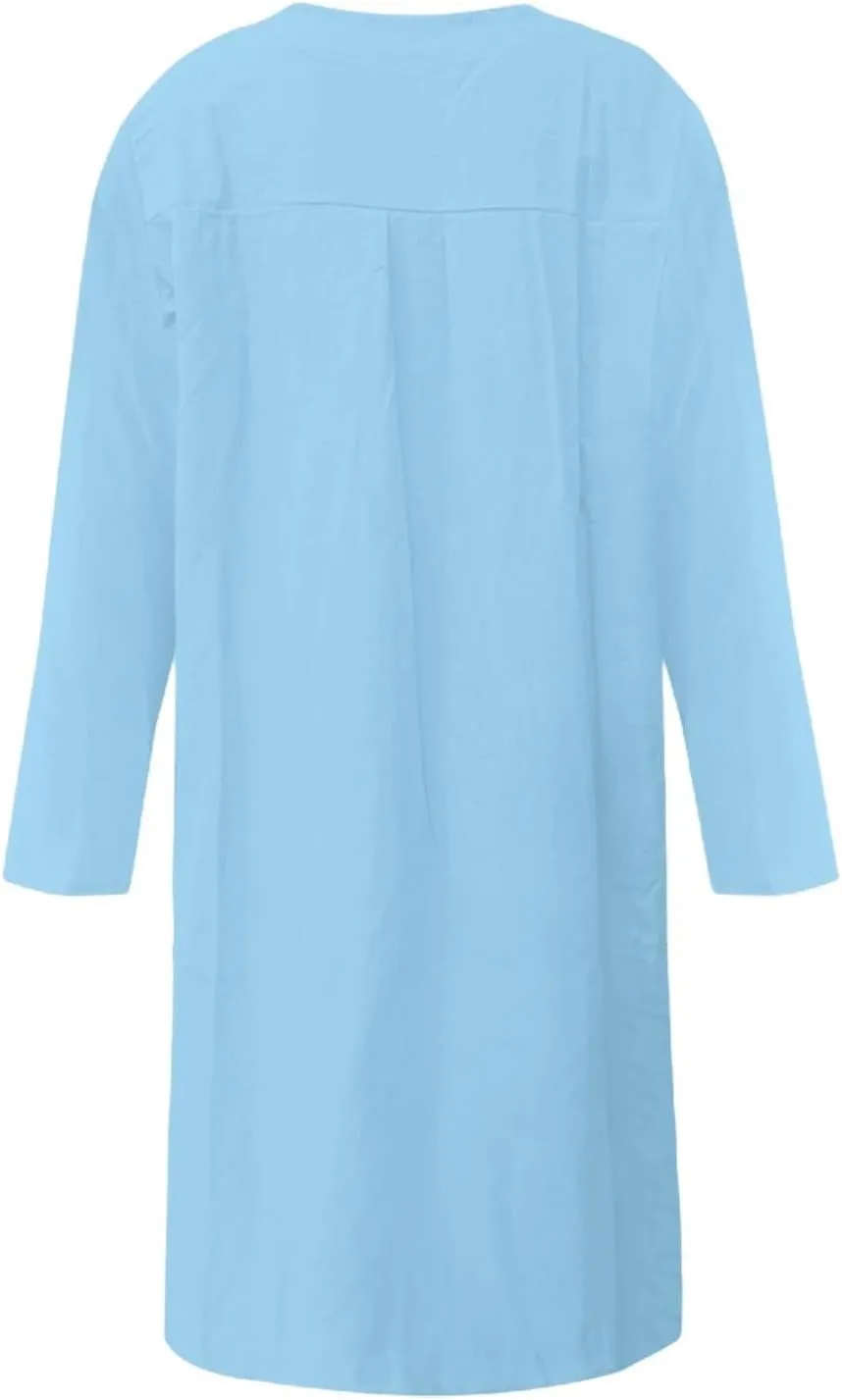 Linen Cotton Dresses for Women 2025 Button Shirt Dress Long Sleeve Round Neck Dressy Casual Mini Dresses with Pockets