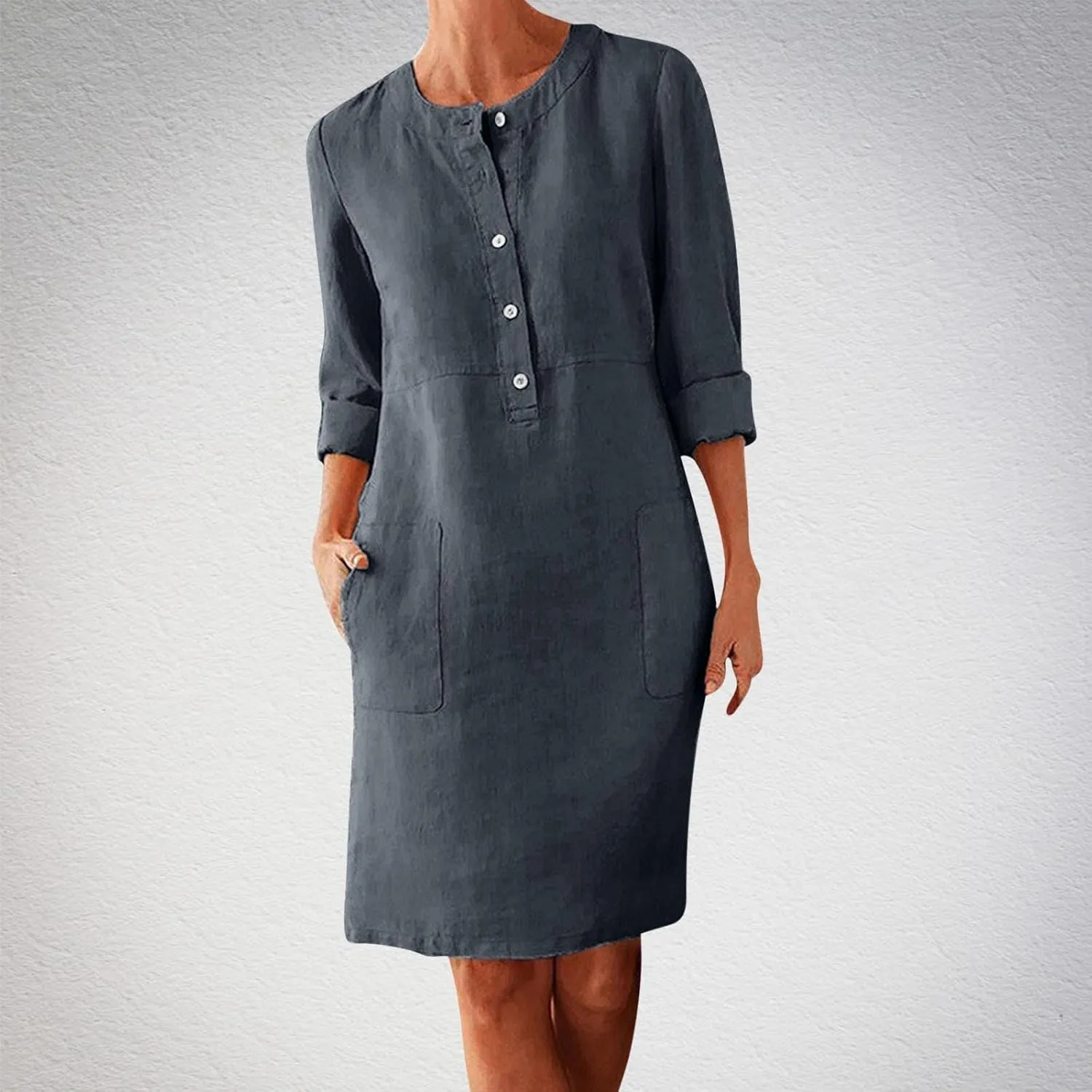 Linen Cotton Dresses for Women 2025 Button Shirt Dress Long Sleeve Round Neck Dressy Casual Mini Dresses with Pockets