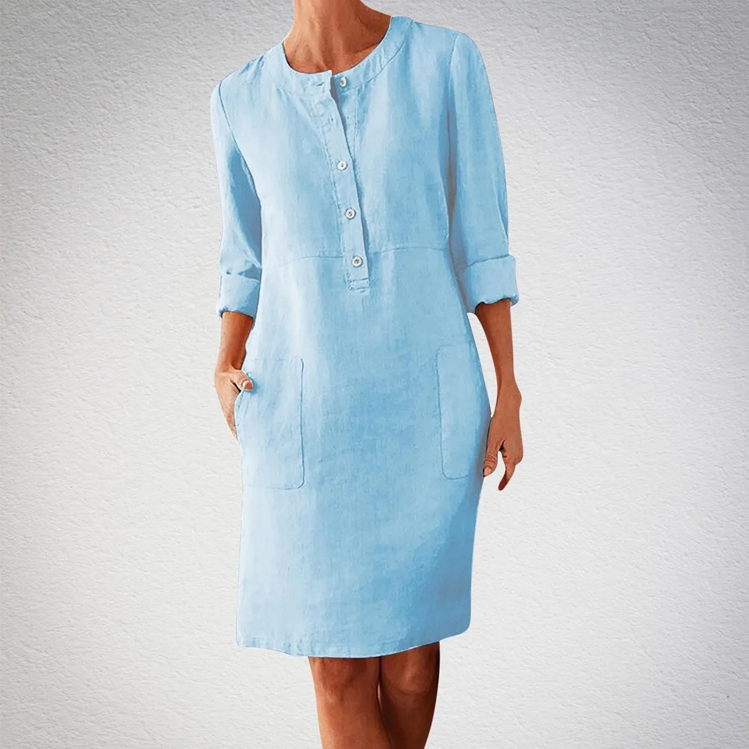 Linen Cotton Dresses for Women 2025 Button Shirt Dress Long Sleeve Round Neck Dressy Casual Mini Dresses with Pockets