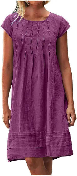 Linen Dress for Women Pleated Summer Dresses Short Sleeve Crewneck Slim Mini Dresses Petite Beach Vacation Sundress