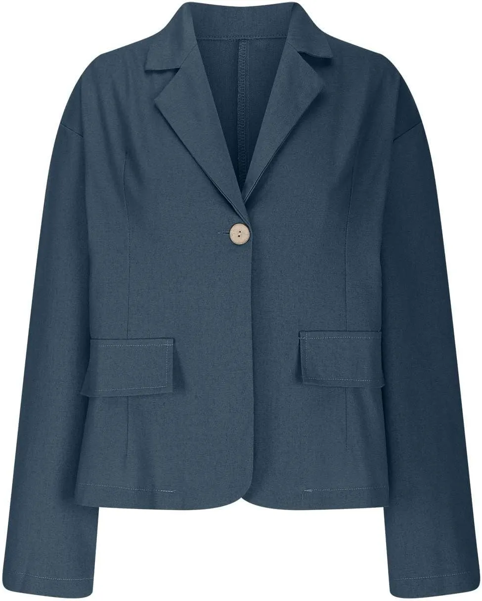Linen Jackets for Women One Button Long Sleeve Blazers Lightweight Casual Jackets Oversized Blazers Work Outwear