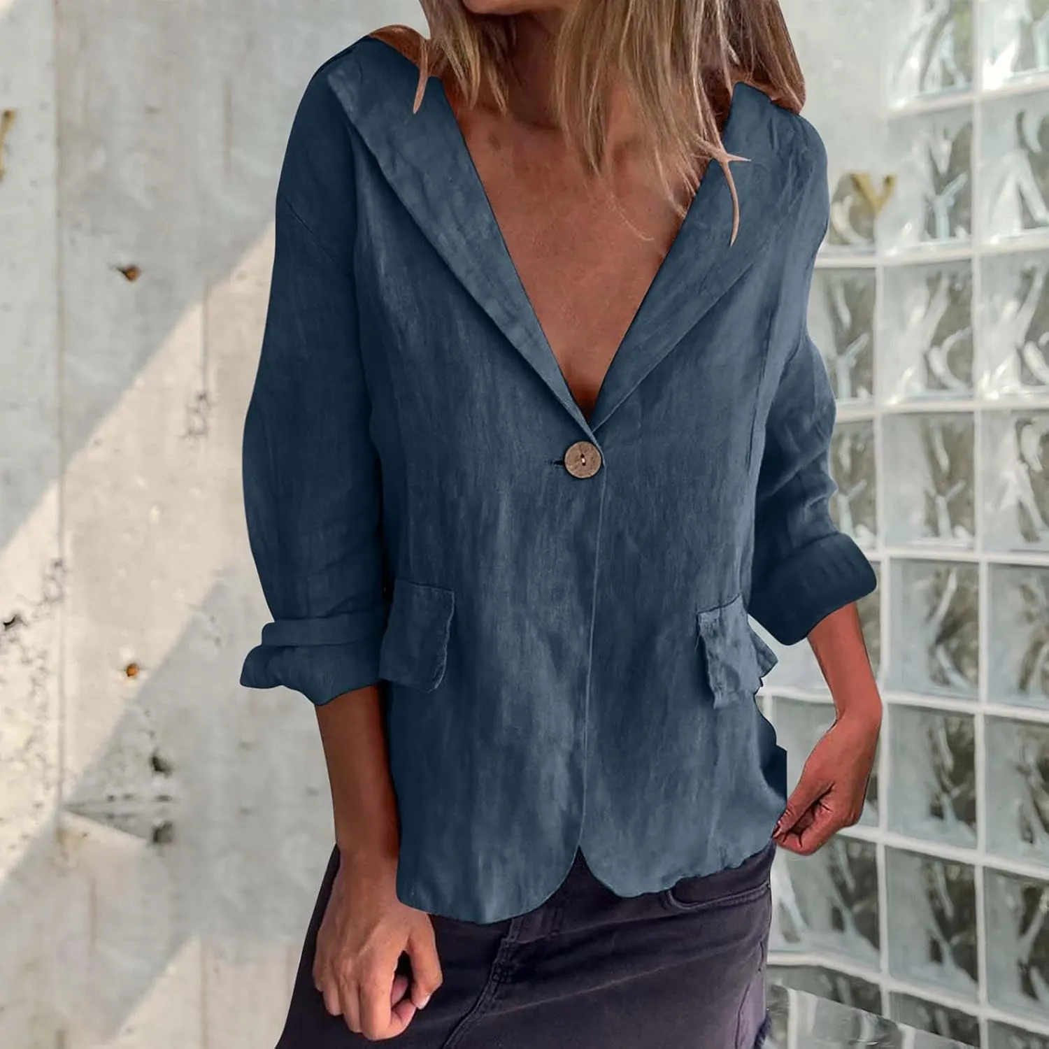 Linen Jackets for Women One Button Long Sleeve Blazers Lightweight Casual Jackets Oversized Blazers Work Outwear