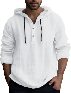 Linen Shirts for Men Lightweight Button Up Long Sleeve Shirts with Hood Casual Basic Loose Fit Breathable Boho Beach Shirt