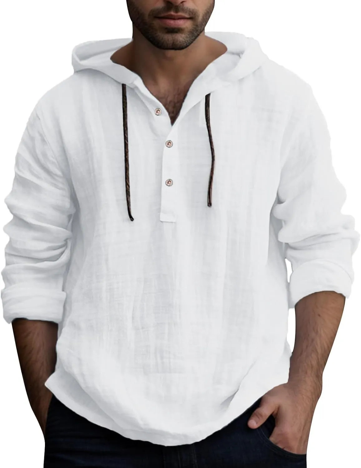 Linen Shirts for Men Lightweight Button Up Long Sleeve Shirts with Hood Casual Basic Loose Fit Breathable Boho Beach Shirt