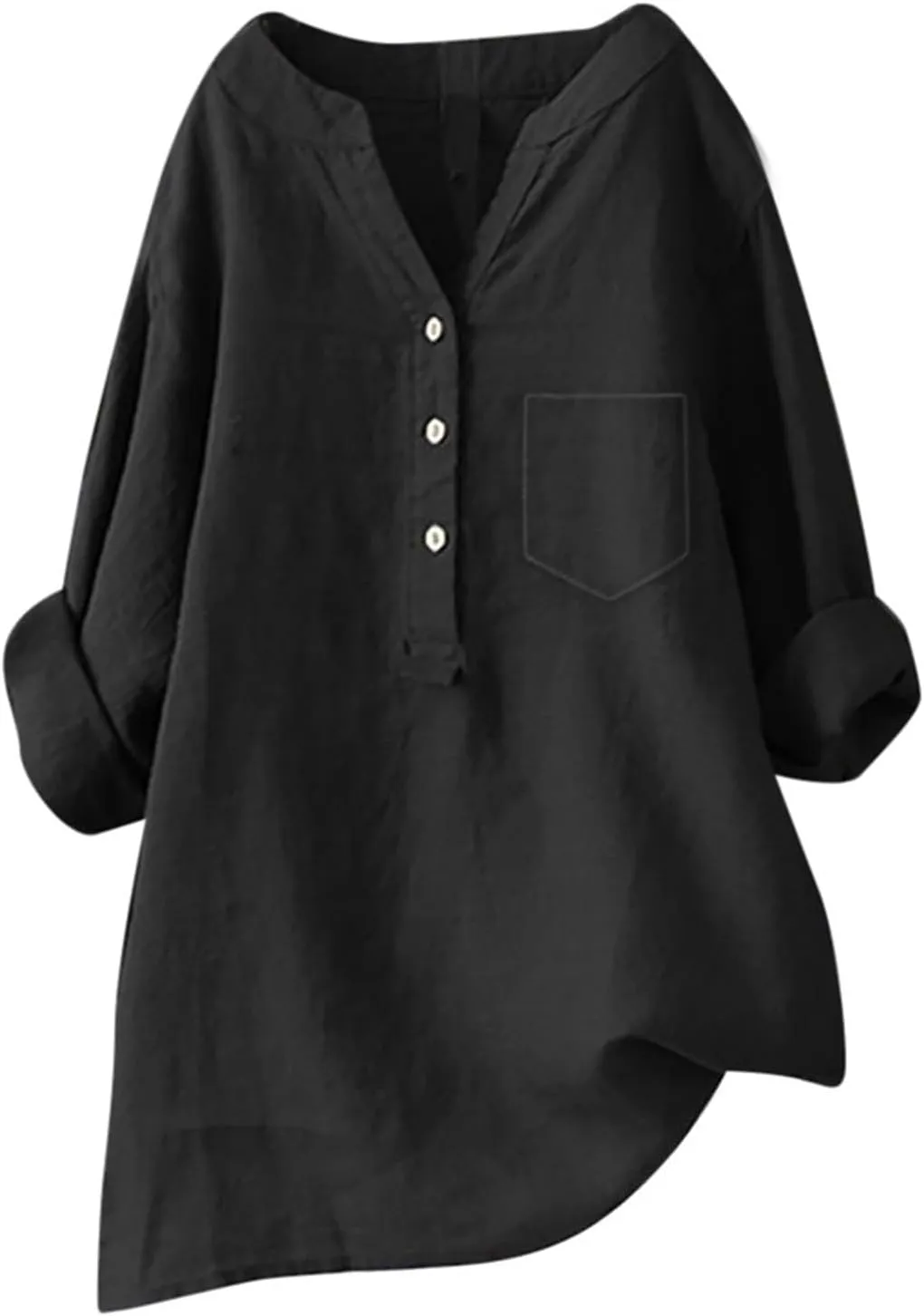 Linen Shirts for Women 3/4 Sleeve V Neck Blouses Buttons Plus Size Loose Fit T-Shirts Solid Color Summer Holiday Tops