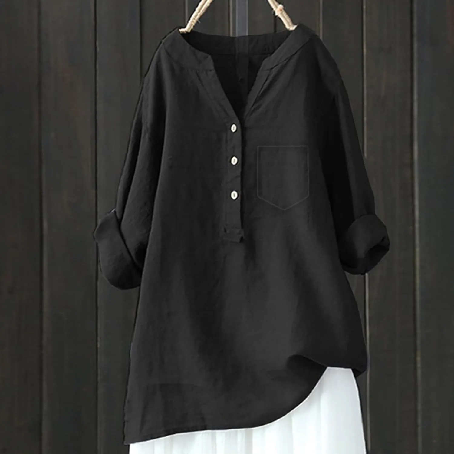Linen Shirts for Women 3/4 Sleeve V Neck Blouses Buttons Plus Size Loose Fit T-Shirts Solid Color Summer Holiday Tops