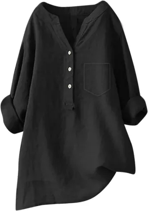 Linen Shirts for Women 3/4 Sleeve V Neck Blouses Buttons Plus Size Loose Fit T-Shirts Solid Color Summer Holiday Tops
