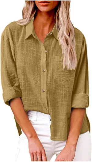 Linen Shirts for Women Trendy Solid Long Sleeve Collared Button Down Shirts Ladies Tops and Blouses Summer Clothes
