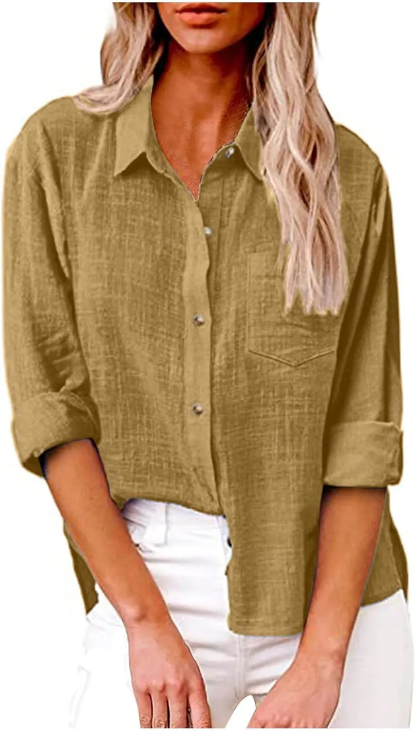 Linen Shirts for Women Trendy Solid Long Sleeve Collared Button Down Shirts Ladies Tops and Blouses Summer Clothes