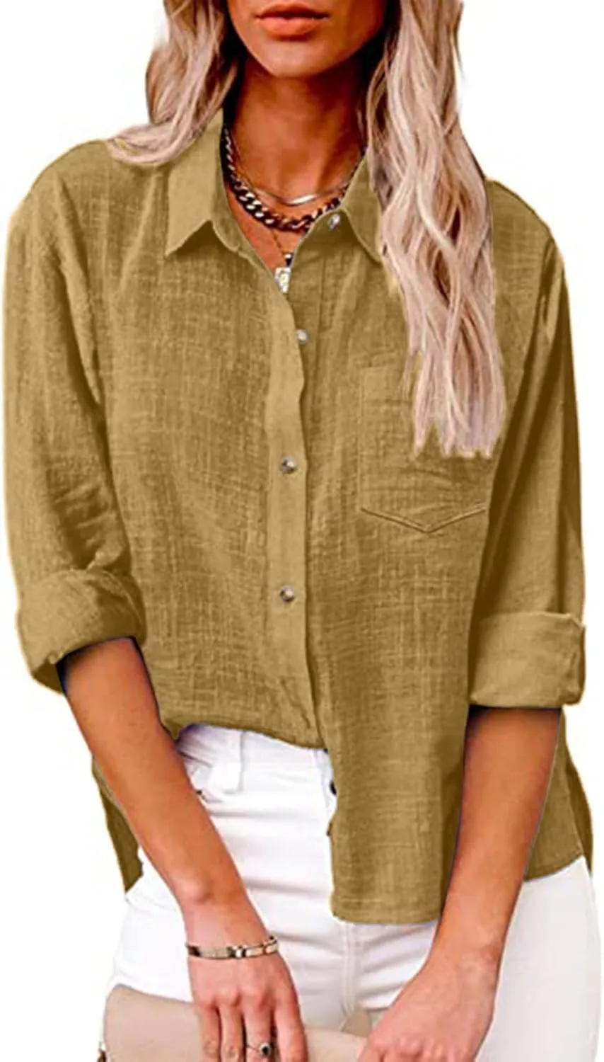 Linen Shirts for Women Trendy Solid Long Sleeve Collared Button Down Shirts Ladies Tops and Blouses Summer Clothes