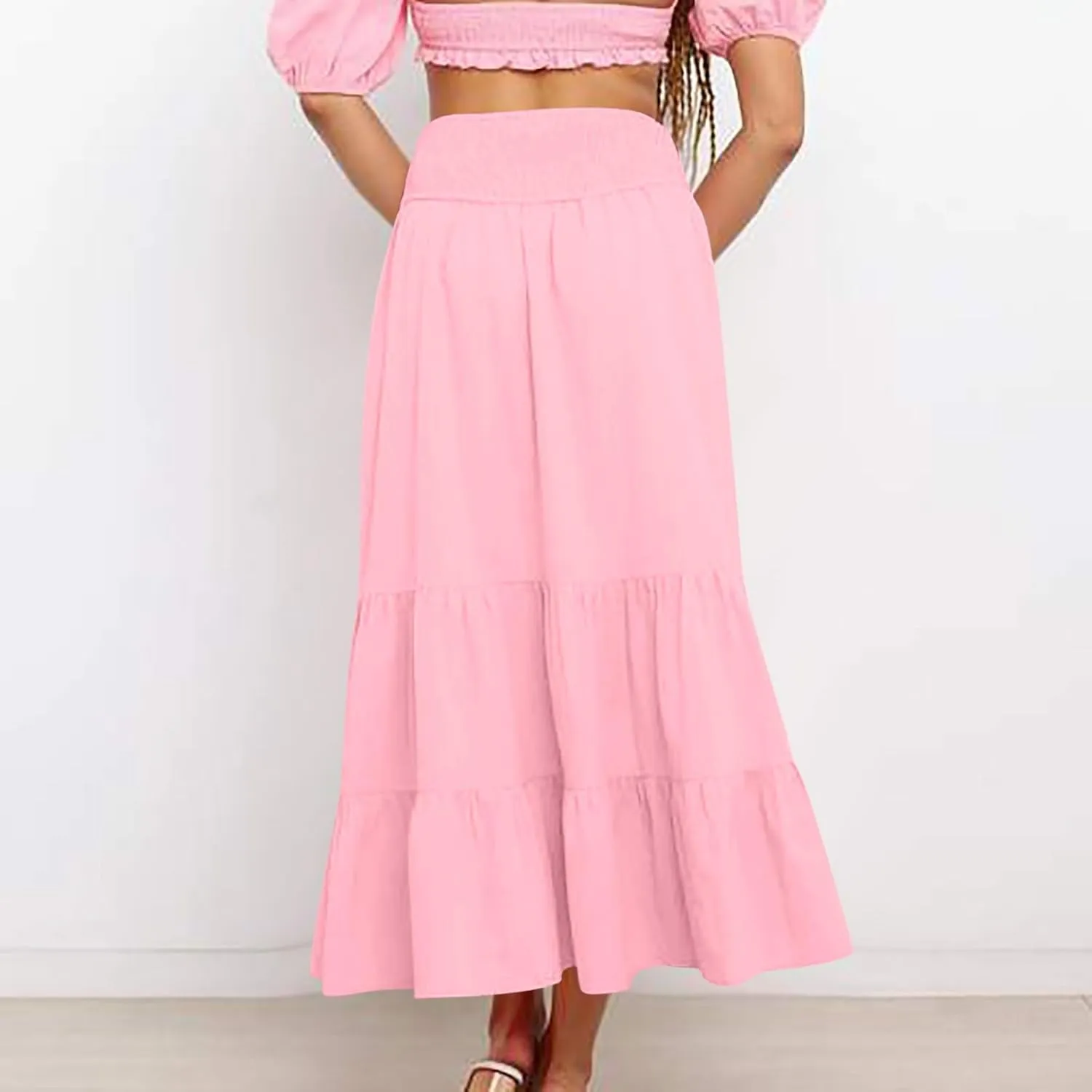 Lmdudan 2025 Women Summer Casual Elegant Smock Layered Tiered Maxi Skirt High Waisted A Line Flowy Long Skirts with Pockets