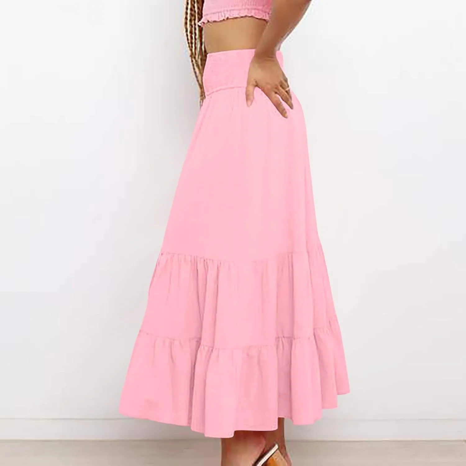 Lmdudan 2025 Women Summer Casual Elegant Smock Layered Tiered Maxi Skirt High Waisted A Line Flowy Long Skirts with Pockets