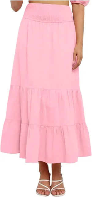 Lmdudan 2025 Women Summer Casual Elegant Smock Layered Tiered Maxi Skirt High Waisted A Line Flowy Long Skirts with Pockets