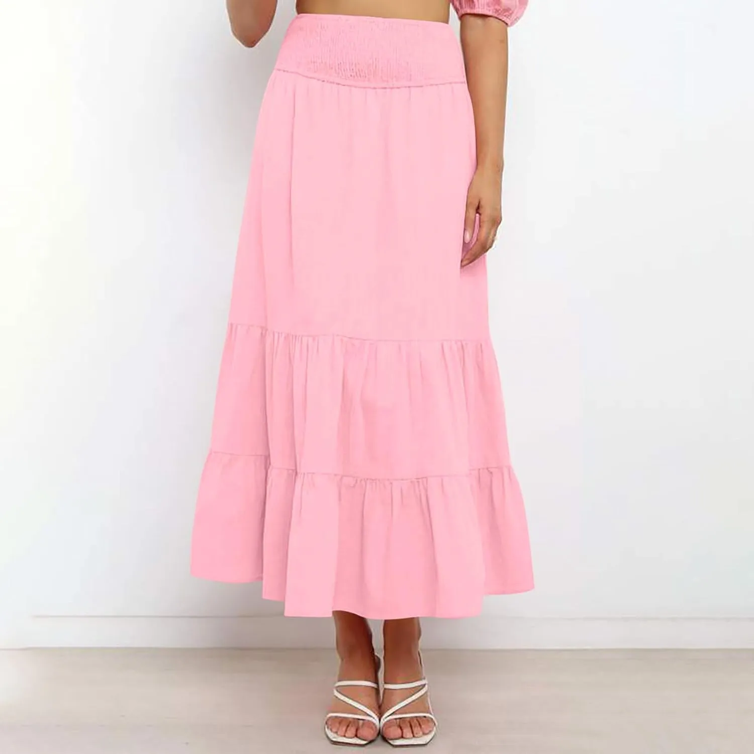 Lmdudan 2025 Women Summer Casual Elegant Smock Layered Tiered Maxi Skirt High Waisted A Line Flowy Long Skirts with Pockets