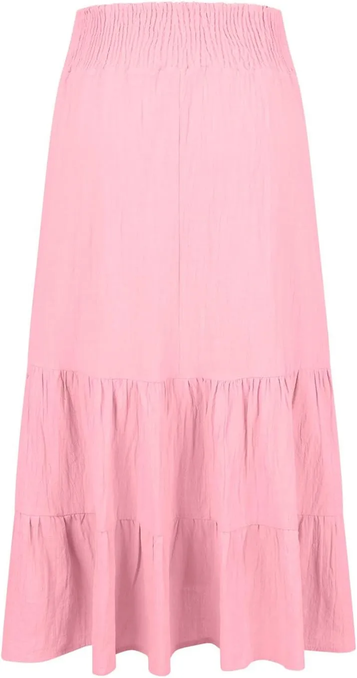 Lmdudan 2025 Women Summer Casual Elegant Smock Layered Tiered Maxi Skirt High Waisted A Line Flowy Long Skirts with Pockets
