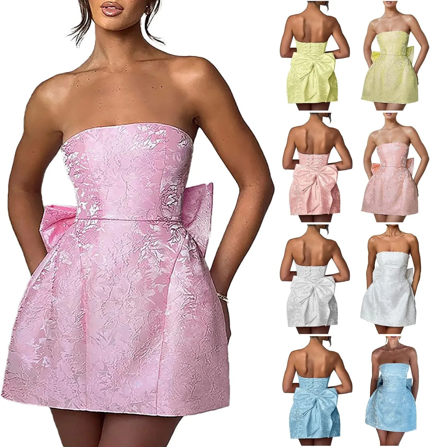 Lmdudan Strapless Satin Mini Homecoming Dress for Women Girls Cocktail Skirts 2025 Sexy Jacquard Mini Skirt with Bow