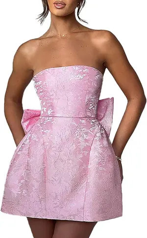 Lmdudan Strapless Satin Mini Homecoming Dress for Women Girls Cocktail Skirts 2025 Sexy Jacquard Mini Skirt with Bow