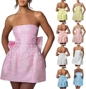 Lmdudan Strapless Satin Mini Homecoming Dress for Women Girls Cocktail Skirts 2025 Sexy Jacquard Mini Skirt with Bow