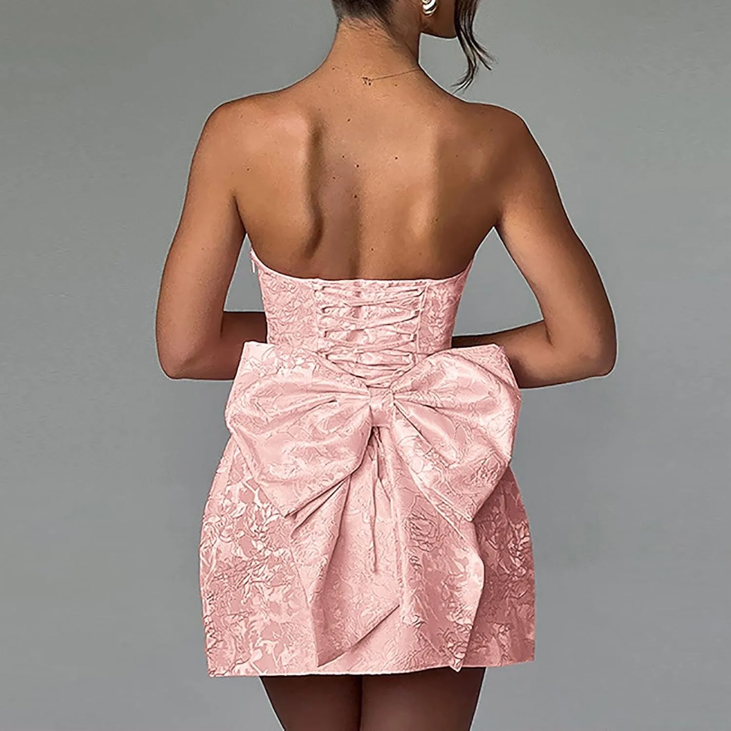 Lmdudan Strapless Satin Mini Homecoming Dress for Women Girls Cocktail Skirts 2025 Sexy Jacquard Mini Skirt with Bow