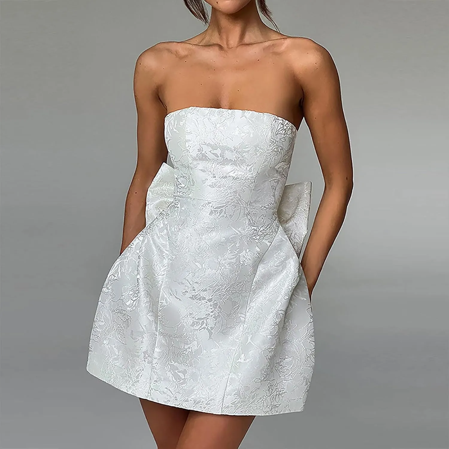 Lmdudan Strapless Satin Mini Homecoming Dress for Women Girls Cocktail Skirts 2025 Sexy Jacquard Mini Skirt with Bow