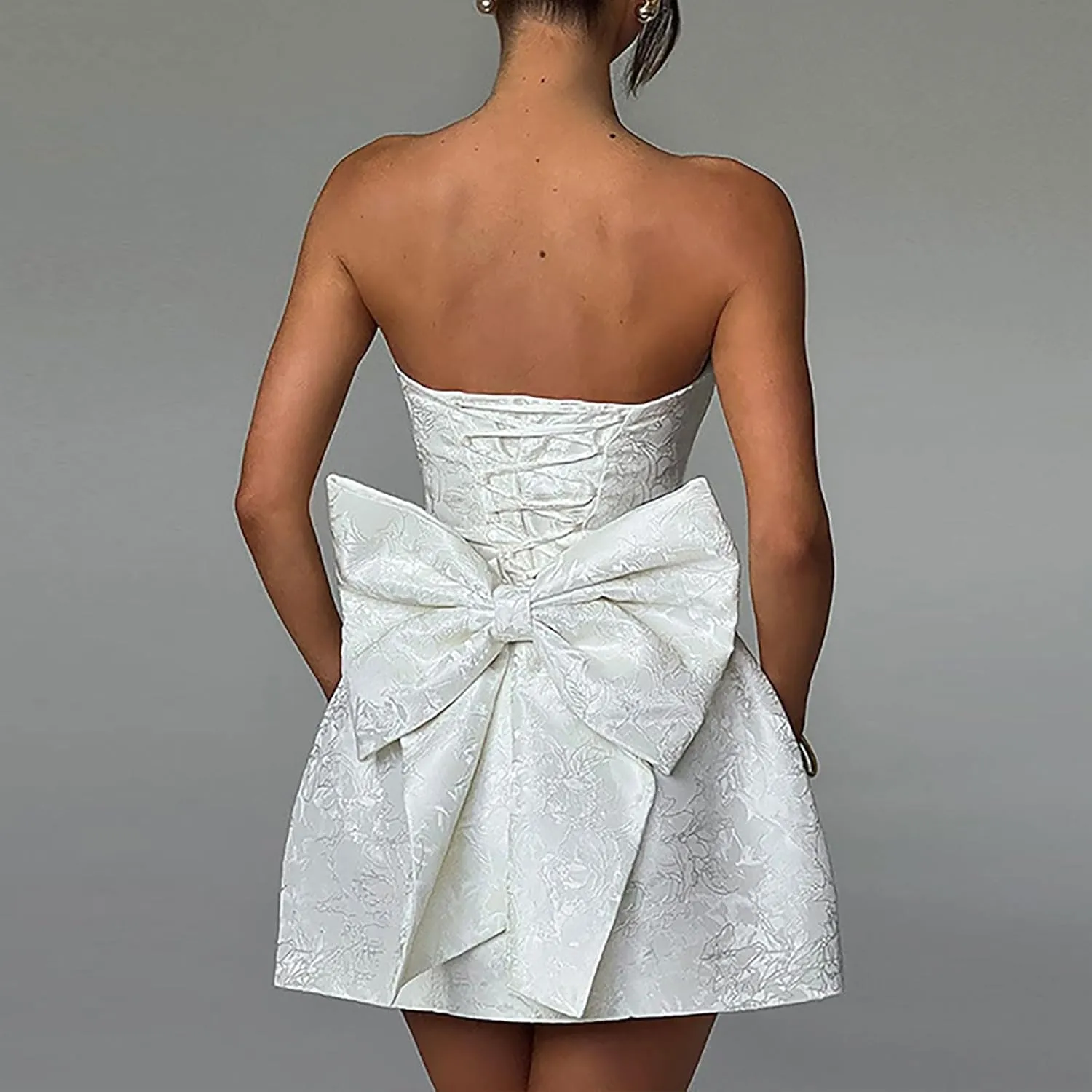 Lmdudan Strapless Satin Mini Homecoming Dress for Women Girls Cocktail Skirts 2025 Sexy Jacquard Mini Skirt with Bow