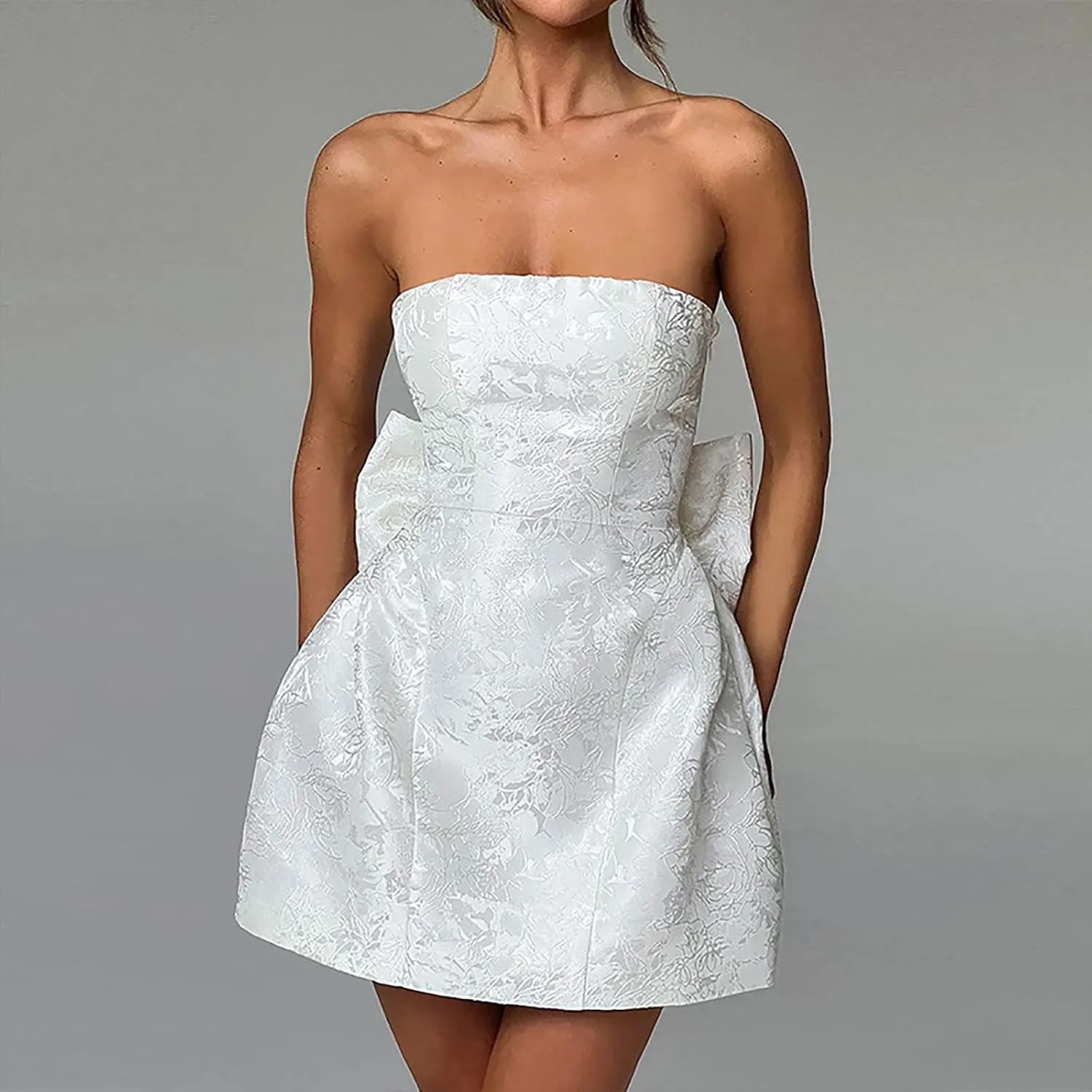 Lmdudan Strapless Satin Mini Homecoming Dress for Women Girls Cocktail Skirts 2025 Sexy Jacquard Mini Skirt with Bow