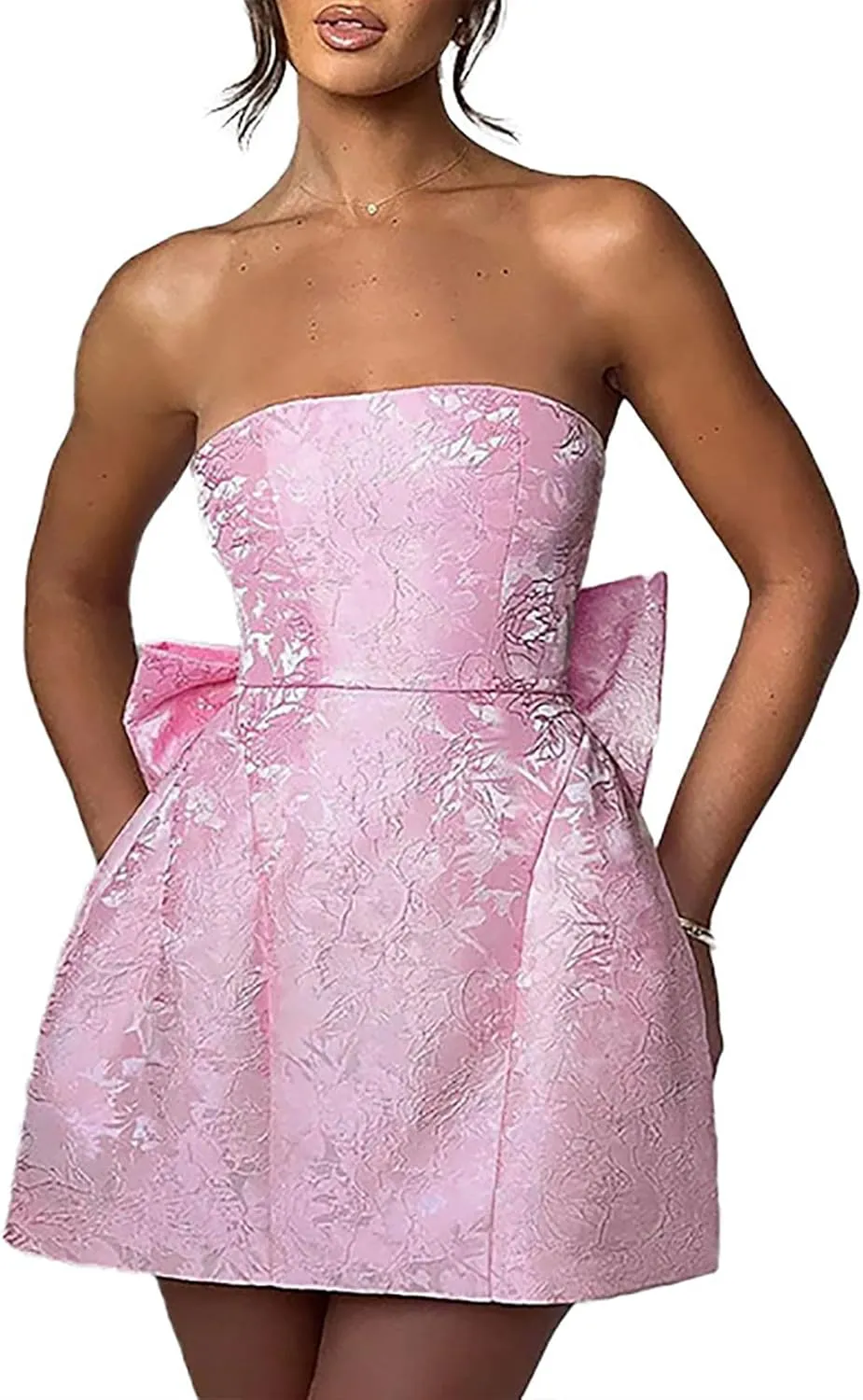 Lmdudan Strapless Satin Mini Homecoming Dress for Women Girls Cocktail Skirts 2025 Sexy Jacquard Mini Skirt with Bow