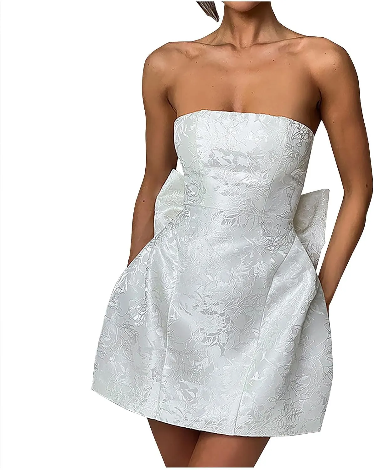 Lmdudan Strapless Satin Mini Homecoming Dress for Women Girls Cocktail Skirts 2025 Sexy Jacquard Mini Skirt with Bow
