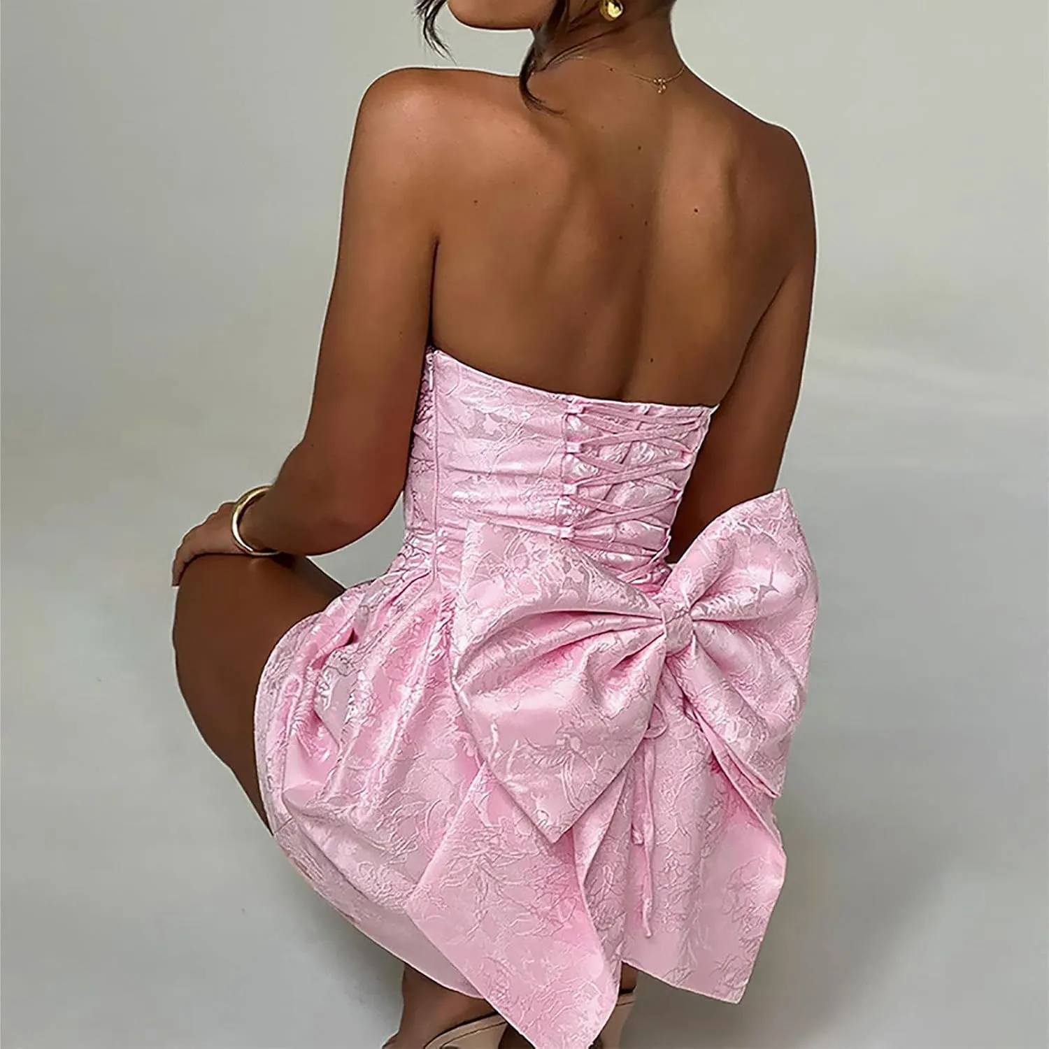 Lmdudan Strapless Satin Mini Homecoming Dress for Women Girls Cocktail Skirts 2025 Sexy Jacquard Mini Skirt with Bow